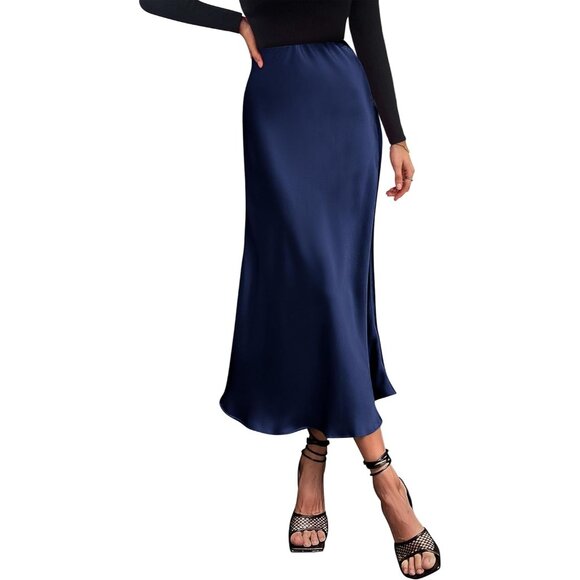 Dresses & Skirts - Women's Navy Blue High Waisted Cocktail Satin Flowy Elegant A Line Midi Skirt
